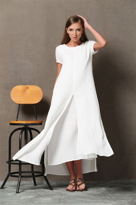 Short Sleeve White Maxi Linen Dress for Women Summer Cotton - Etsy ...