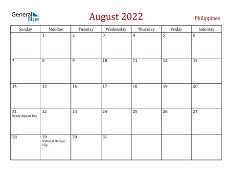 August 2022 Philippines Monthly Calendar with Holidays