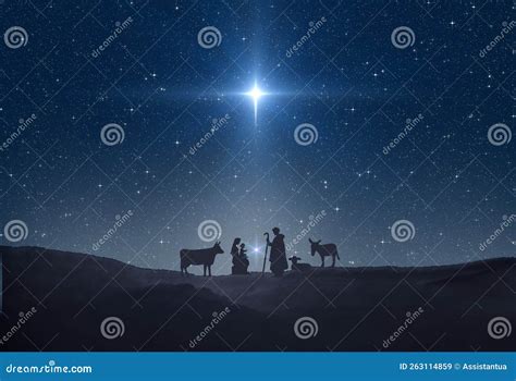 Star of Bethlehem, or Christmas Star. Silhouettes of Jesus Christ, Mary ...