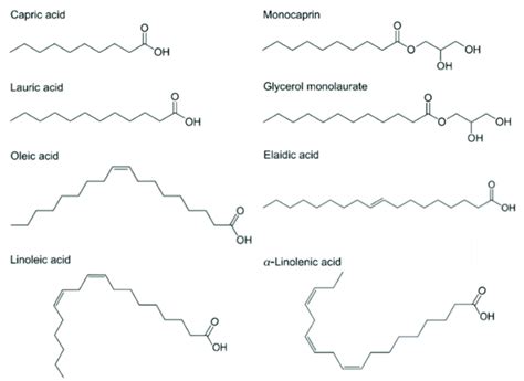 Chemical structures of fatty acids and monoglycerides. Saturated fatty ...