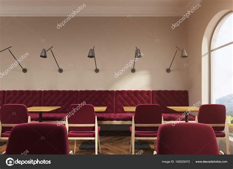 Dark red cafe interior, rounded window Stock Photo by ©denisismagilov ...