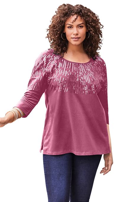 Roaman's - Roaman's Women's Plus Size Three-Quarter Sleeve Embellished ...