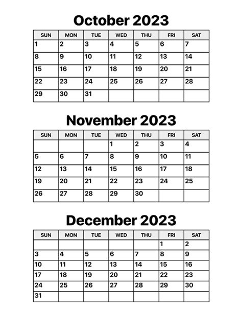 October, November and December 2023 Calendar – Calendar Options