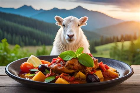 Sheep eating a meal of vegetables and fruits on a table. | Premium AI ...