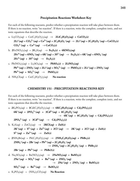 Precipitation Reactions Worksheet Key