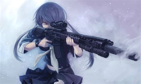 HD wallpaper: anime girls, original characters, gun, long hair, blue ...