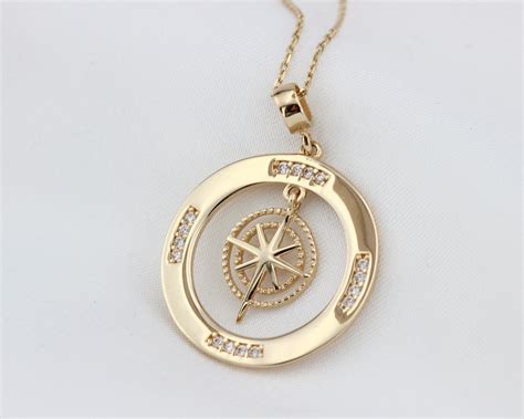 14K Gold Compass Necklace, Zirconia Stones Compass Jewelry, Cz Diamonds ...