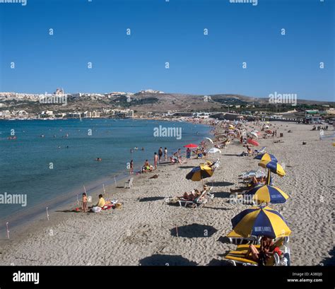 Beach, Mellieha Bay, Malta Stock Photo - Alamy