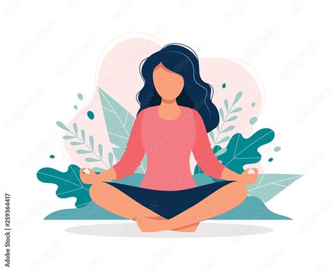 Woman meditating in nature and leaves. Concept illustration for yoga ...