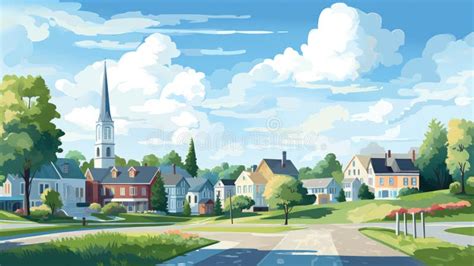 Sunny Day in a New England Town: Watercolor Illustration Stock ...