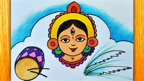 Easy Durga Maa Face Drawing with Dhak & Kash Phool Colour