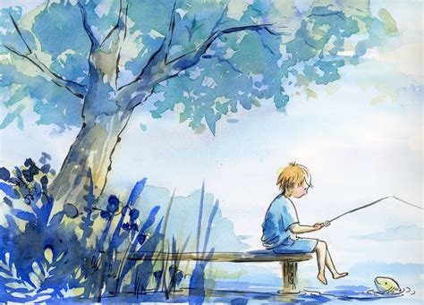 Watercolor Giclee Print Postcard Art Boy Fishing at Lake - Etsy ...