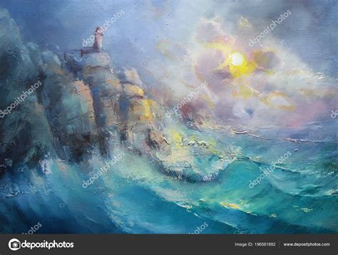 Lighthouse Rock Storm Made Classical Manner Oil Painting Stock ...