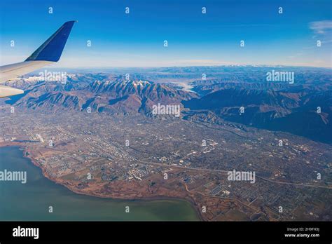 Aerial view of the Utah Lake and city around at Utah, USA Stock Photo ...