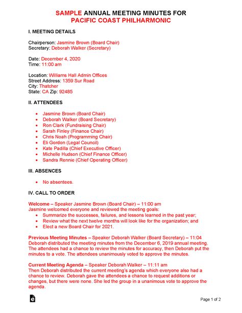 Free Annual Meeting Minutes Template - PDF | Word – eForms