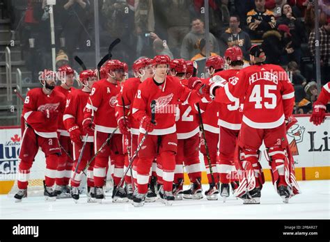 Detroit Red Wings players celebrate after beating the Boston Bruins 5-3 ...