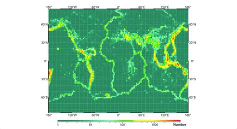 Locations of earthquake prone sites: Global map showing the numbers of ...