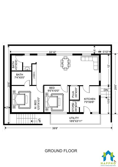 30 X 40 2 Bedroom Bath House Plans