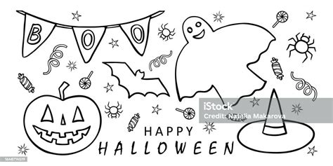 Halloween Decoration Set Of Black Outline Clipart Stock Illustration ...