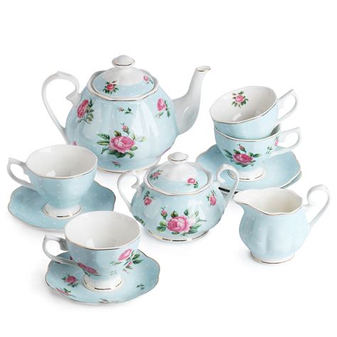 BTäT- Floral Tea Set, Tea cups (8oz), Tea Pot (38oz), Creamer and Sugar ...