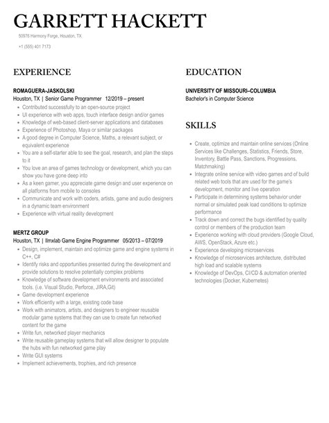 Game Programmer Resume Samples | Velvet Jobs