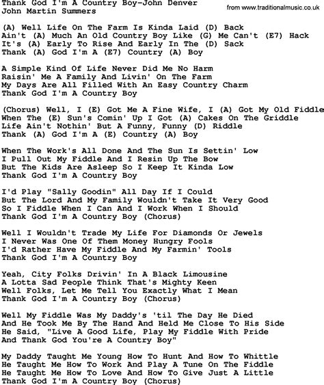 Country Music:Thank God I'm A Country Boy-John Denver Lyrics and Chords