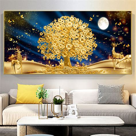 Golden Tree Of Life Gold Canvas Painting Home Living Room Wall Art ...