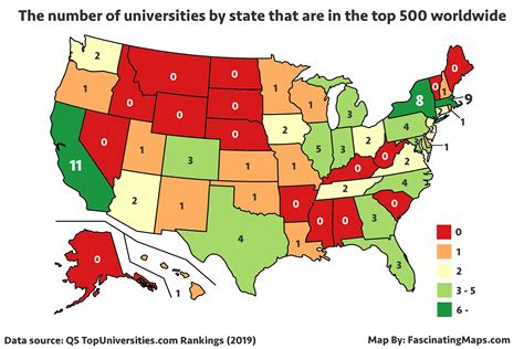 The number of top 500 universities by U.S. state : r/MapPorn