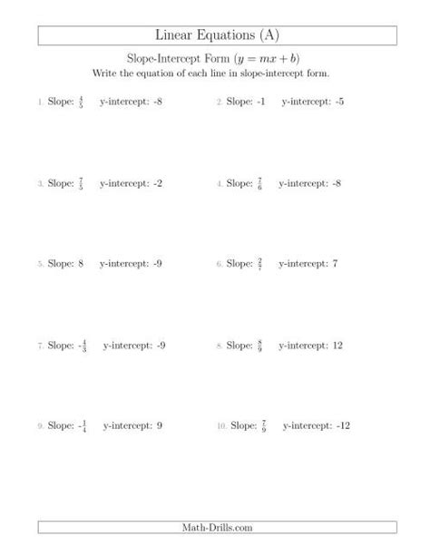 Slope Intercept Form Linear Equation Worksheet y mx b worksheet ...