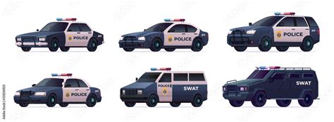 Collection of police cars of various types. City urban police car, van ...