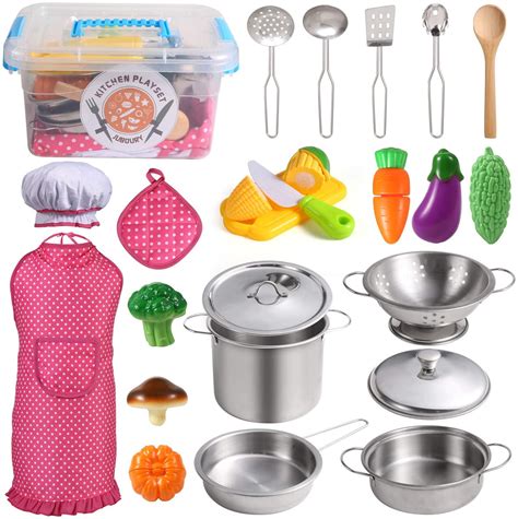 Juboury Play Kitchens Accessories Toys with Stainless Steel Cookware ...