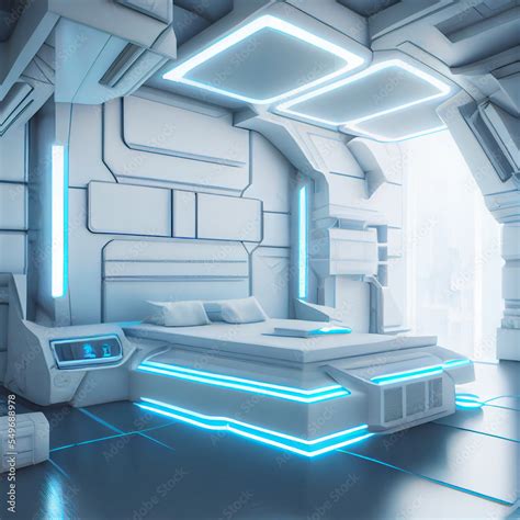 Futuristic sci-fi architecture white neon bedroom interior design. High ...