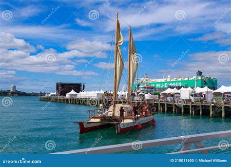 Traditional Maori Waka Sailing into the Port of Auckland, New Zealand ...