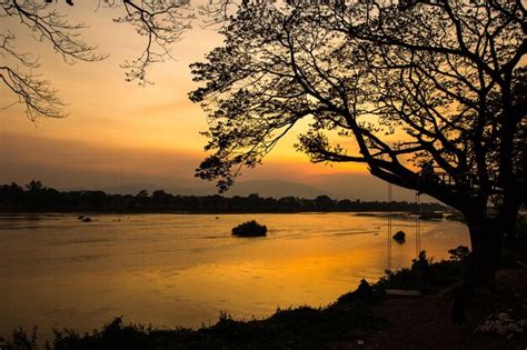 Premium Photo | Sunset silhouette with river and trees