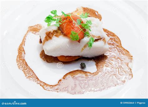 Steak Fish,Fillet of Snow Fish on White Plate. Stock Photo - Image of ...