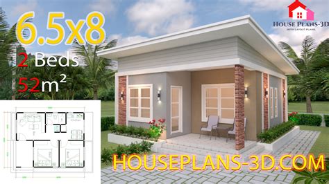 House Design Plans 6.5x8 with 2 Bedrooms Shed Roof - House Plans S