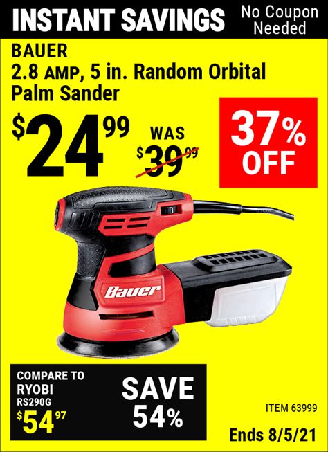 BAUER 2.8 Amp 5 in. Random Orbital Palm Sander for $24.99 – Harbor ...