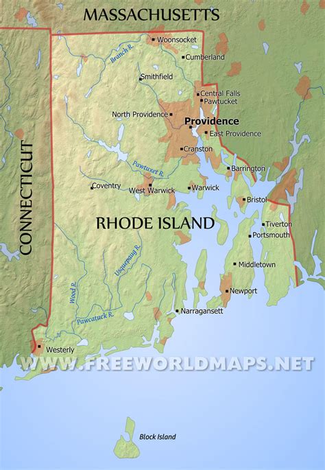 Physical map of Rhode Island