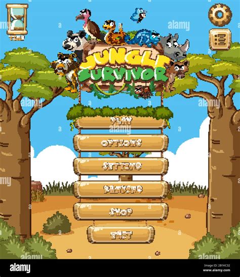 Game template design with animals and forest background illustration ...