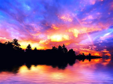 Rainbow Sunset, water, rainbow, sunset, trees, sky, lake, blue, HD ...