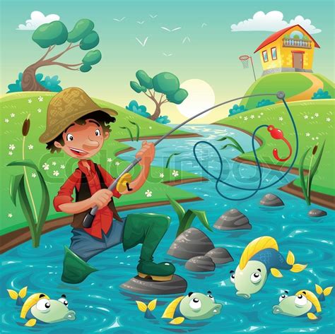 Cartoon scene with fisherman and fish. | Stock Vector | Colourbox