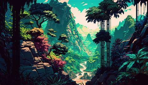 Anime Jungle Valley AMOLED/OLED, Generative AI Stock Photo - Image of ...