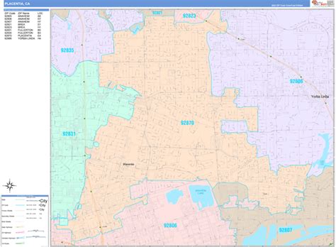 Placentia California Wall Map (Color Cast Style) by MarketMAPS - MapSales