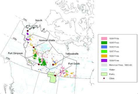 Map depicting the forest fire history in the NWT from 1980 to 1999 ...