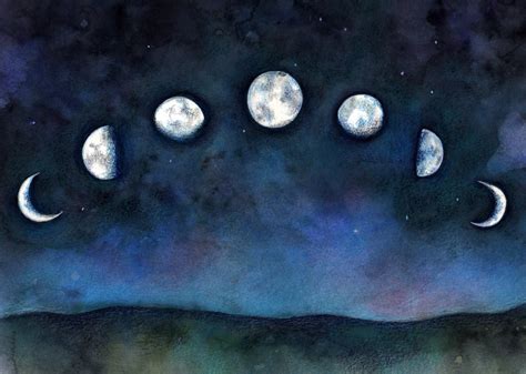 PRINT 5 x 7 Moon Phases art watercolor print Lunar night sky