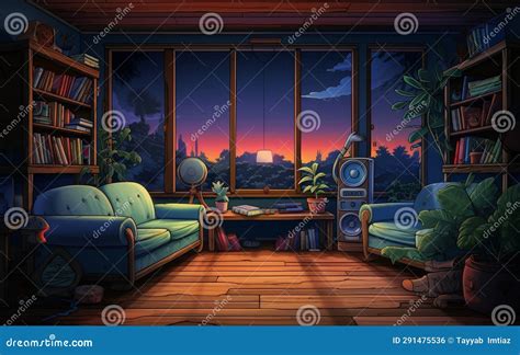 Cartoon Living Room at Night Front View from Sofa Generative Ai Stock ...