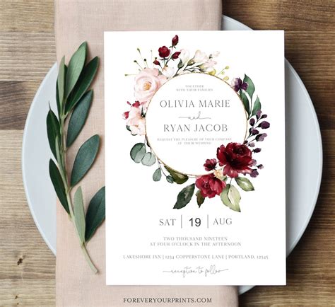 Floral Wedding Invitation Template, Burgundy Wedding Invitation ...