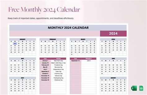 2024 Calendar Excel Template Free Download Printable Worksheets - Jan ...