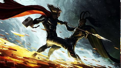 HD wallpaper: comics thor loki marvel comics concept art fighting ...