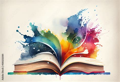 Watercolor Illustration of a Open Book With Colorful Design On Top Of ...